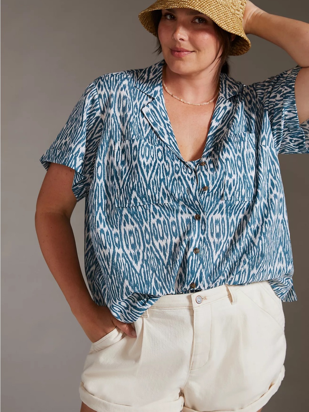 Pilcro Anthropologie printed Voile Surf shirt Relaxed Blue Ikat Button-Front